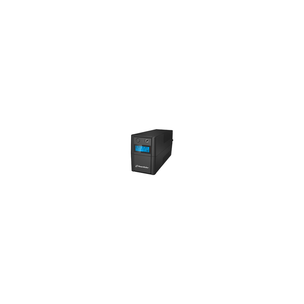 Black PowerWalker VI 850 SHL Schuko Uninterruptible Power Supply with a blue LED display and control buttons, designed for reliable power backup and protection.