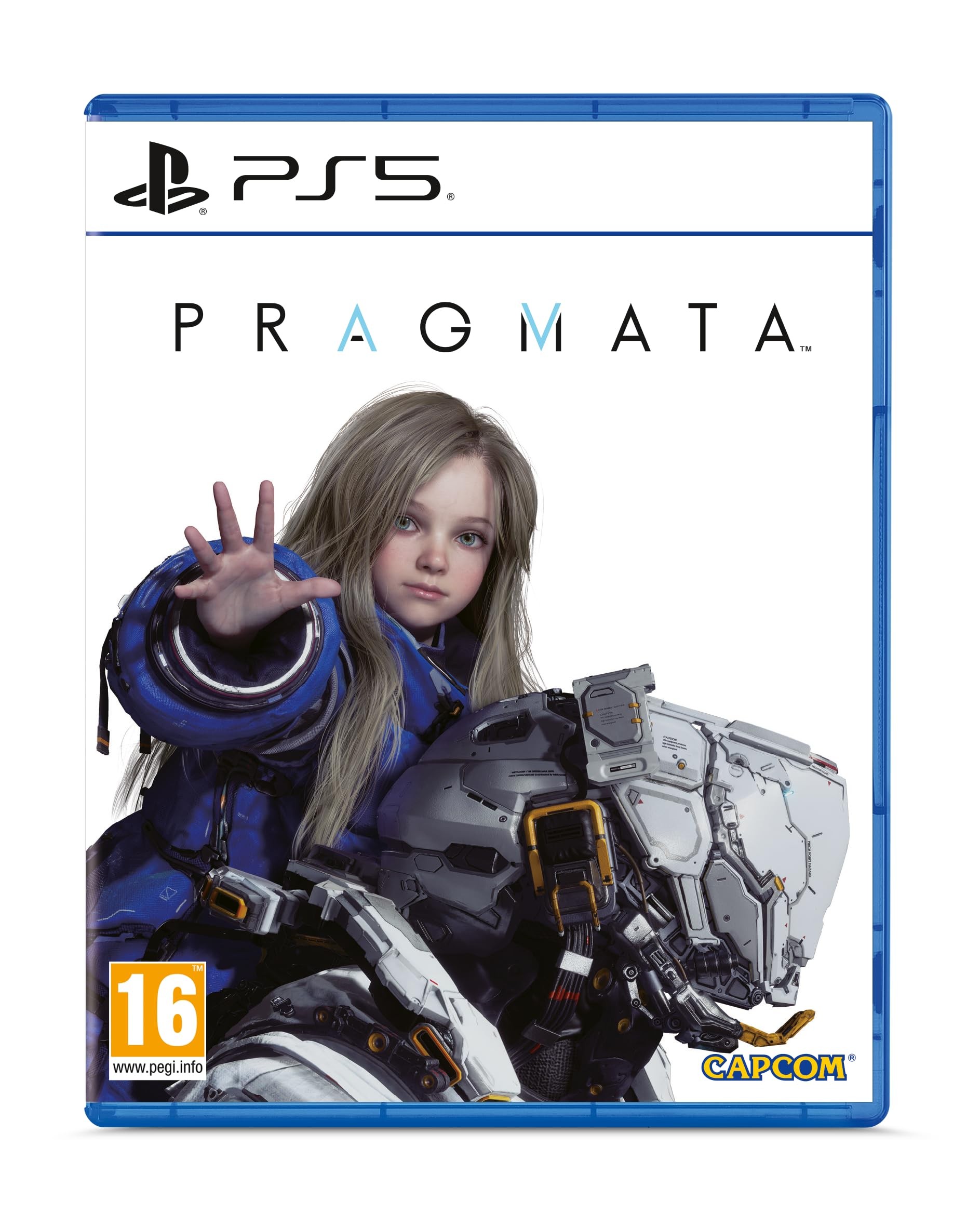 Pragmata for PS5 features a young girl with long blonde hair reaching out, alongside a futuristic robotic figure, all set against a sleek blue case design.