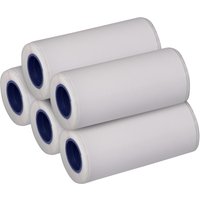 Praktica 5 pack sticker photo film rolls, white with blue cores, cylindrical shape, arranged in a pyramid.
