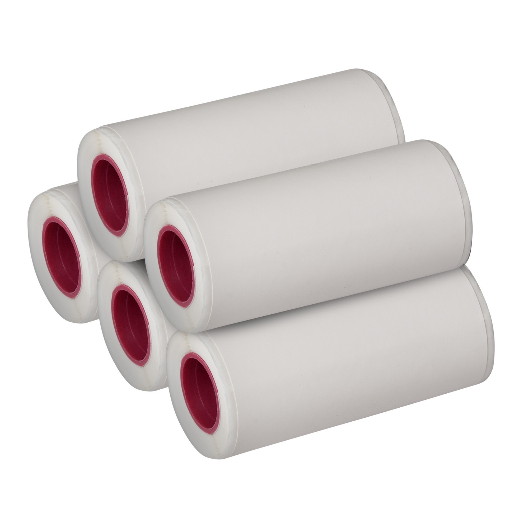 Five rolls of sticker photo film in a white casing with vibrant pink ends, designed for use with compatible photo printers.