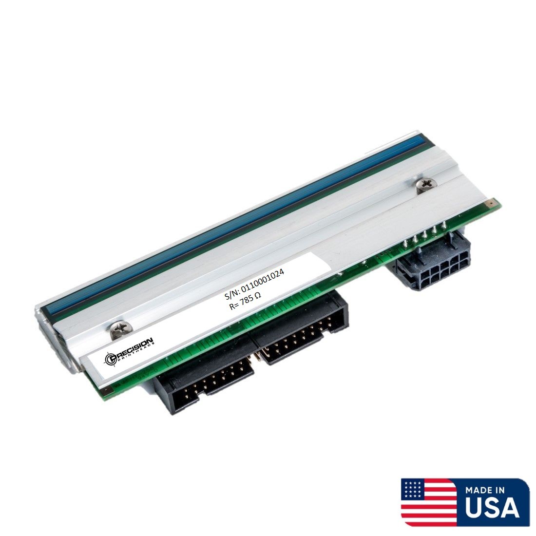 Precision Printheads for Zebra 110PAX3, featuring a sleek metallic design, green and blue accents, and connectors for easy installation, with a 1-year warranty label visible.