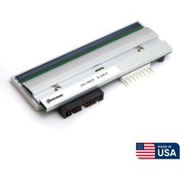 Precision Printheads for Zebra 140Xi3, silver with connector pins, green stripe, USA flag label.