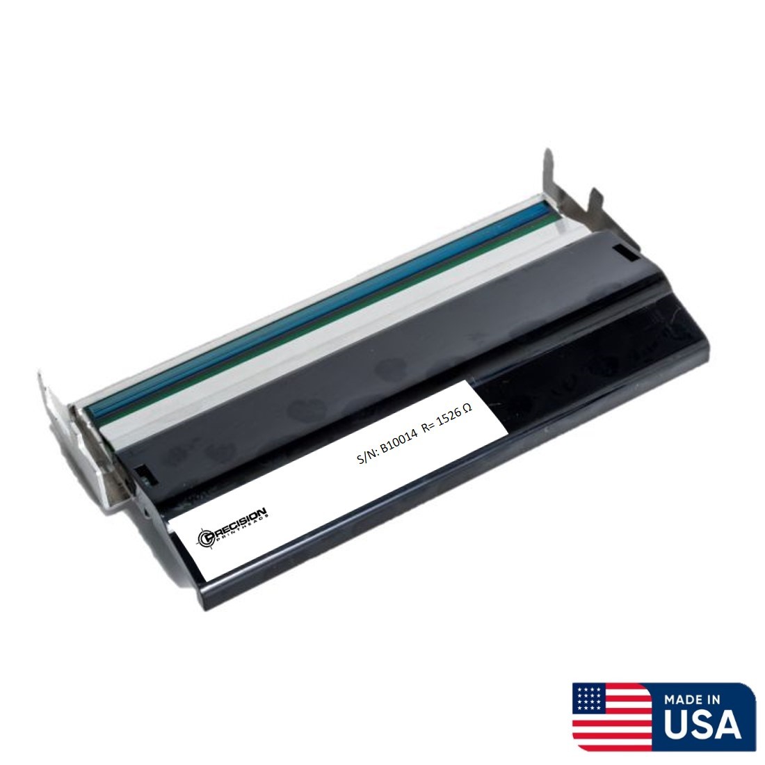 Precision Printheads for Zebra Z4M, featuring a sleek black and silver design, with a label indicating compatibility and a 1-year warranty, made in the USA.