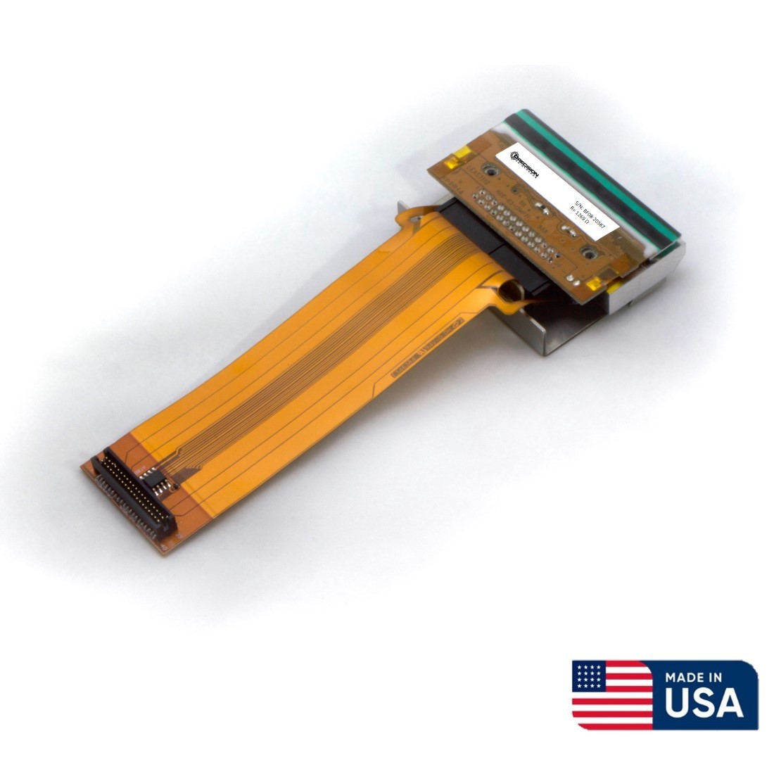 Precision Printhead for Markem Smartdate SD5/5A/5 featuring a metallic housing, orange flexible circuit board, and a label indicating the brand and model, marked "Made in USA."