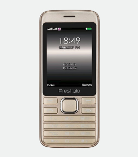 Gold feature phone with a 2.8-inch display, numeric keypad, and a sleek design, featuring the Prestigio logo and a simple interface on the screen.