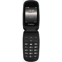 Black Prestigio Grace B1 flip phone with 2.4-inch screen, numeric keypad, and compact design.