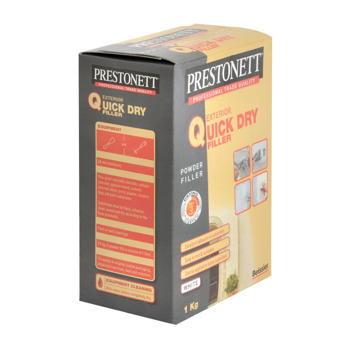 Prestonett Quick Dry Exterior Filler in a 1 kg box, featuring a white powder formula, with clear labeling and images of application methods on the packaging.