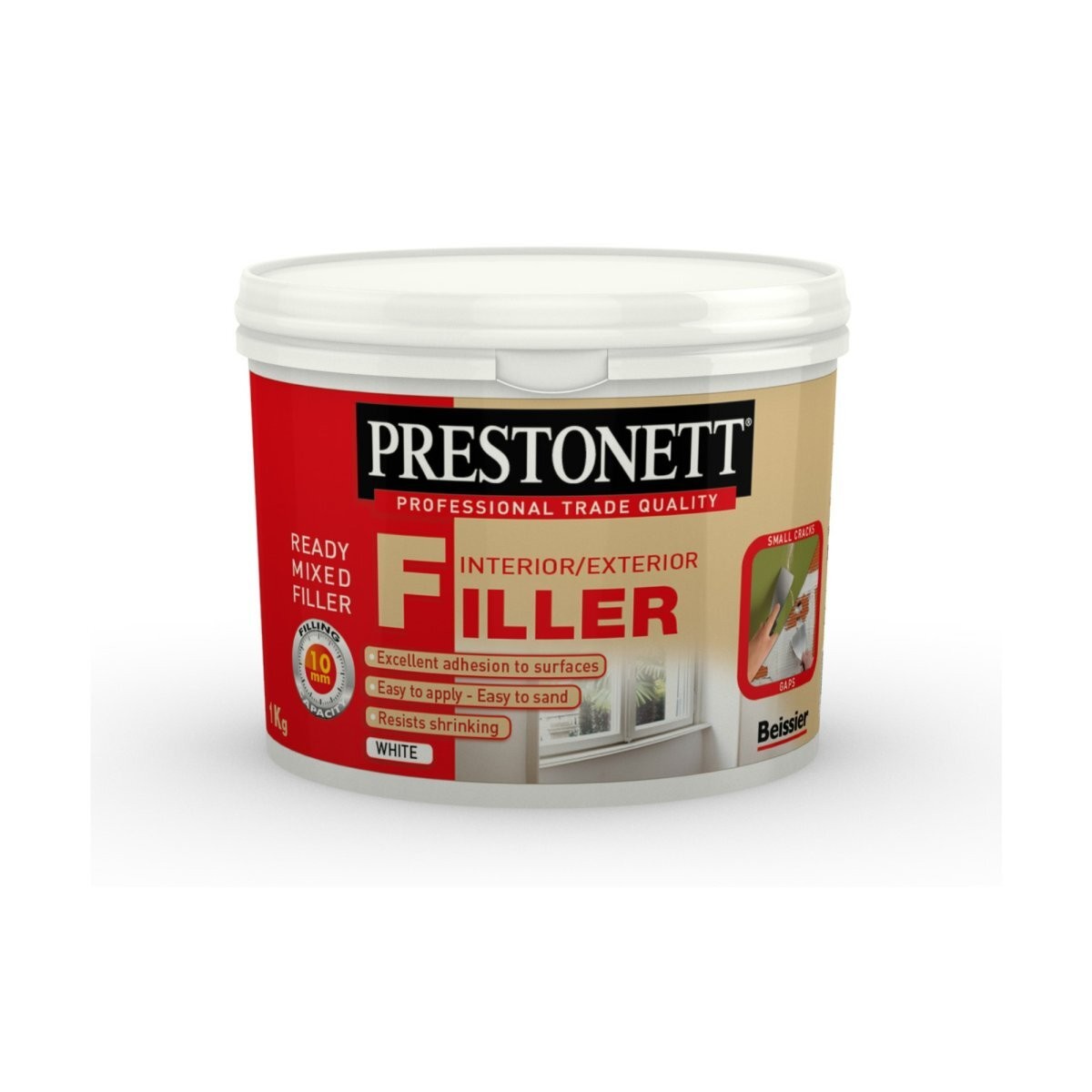 White plastic tub of Prestonett Ready Mixed Interior and Exterior Filler, featuring bold red and white labeling, highlighting its ease of application and resistance to shrinking.