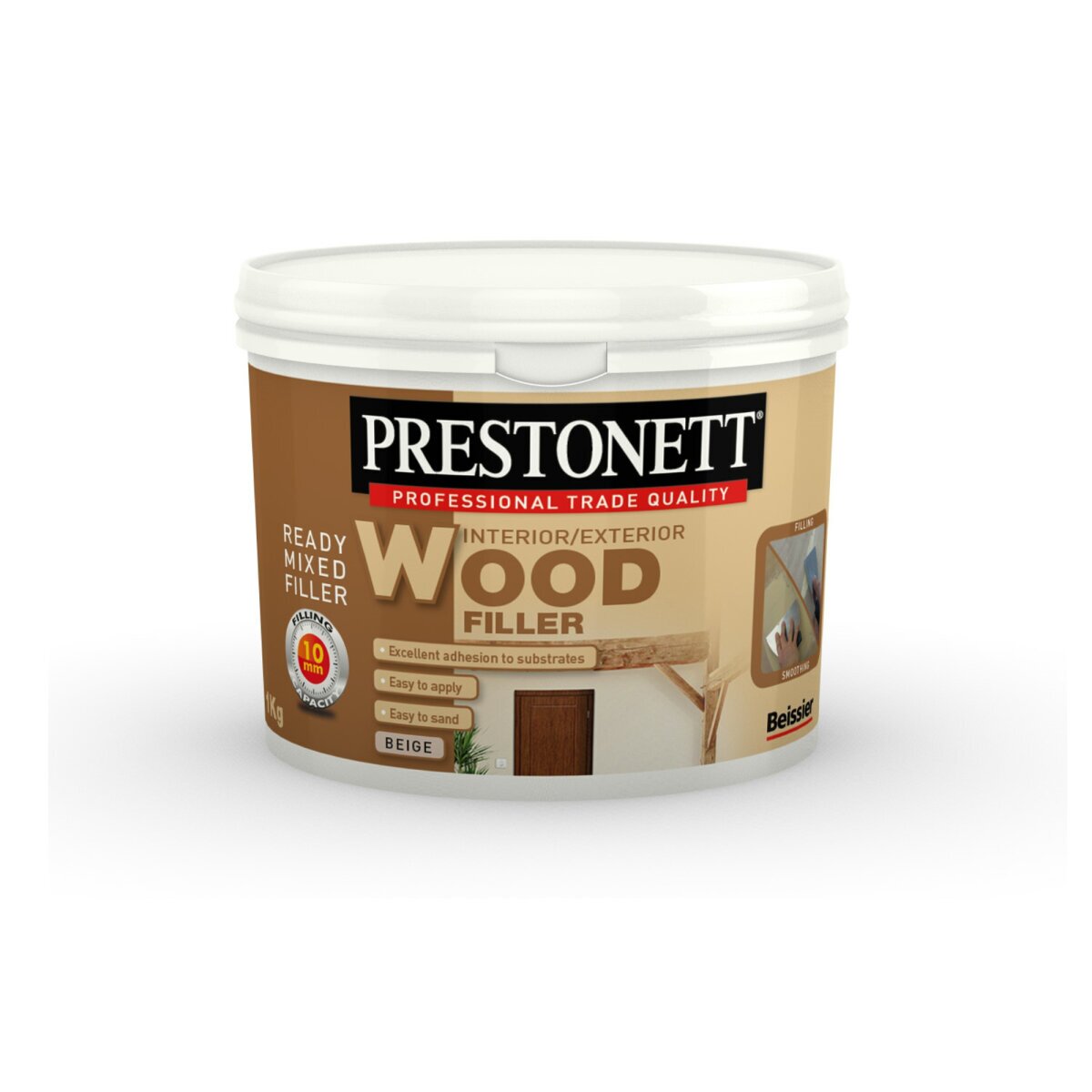 Beige, ready mixed wood repair filler in a round container labeled "Prestonett," suitable for interior and exterior use, featuring a professional trade quality design.