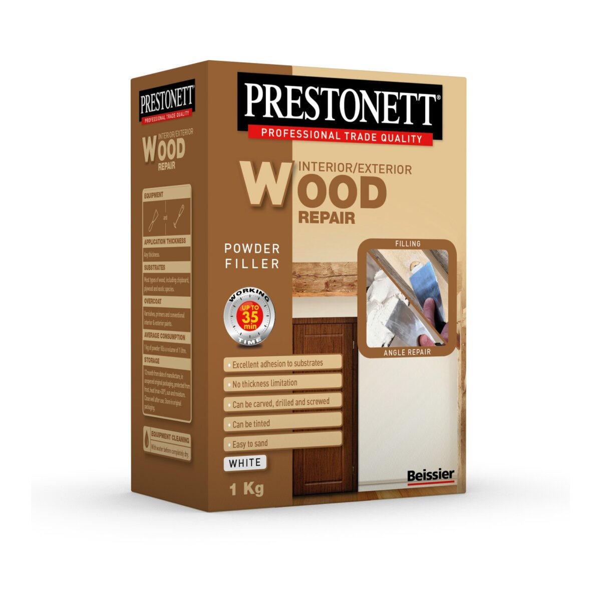 White powder wood repair filler in a 1 kg box by Prestonett, featuring a professional trade quality label and application details for interior and exterior use.