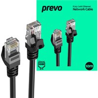 Black PREVO CAT6-BLK-10M networking cable with clear RJ45 connectors, 10 meters long, shown against a green background.