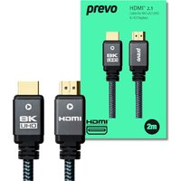 Black PREVO HDMI 2.1 cable, 2 meters, with gold-plated connectors and braided exterior, labeled 8K UHD and HDMI.