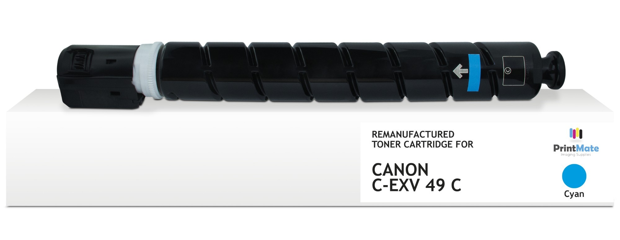 Remanufactured cyan toner cartridge for Canon C-EXV49 C, featuring a black cylindrical body with a blue label and arrow, packaged with a white box displaying the PrintMate logo.