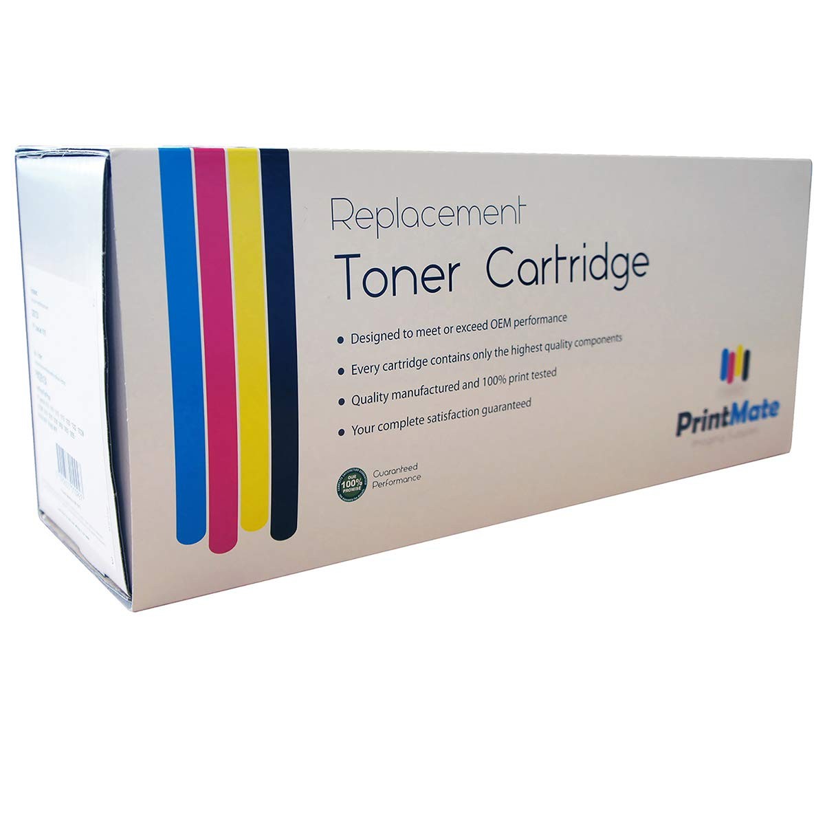 Cyan toner cartridge box for HP M551 by Printmate, featuring a sleek design with colorful stripes, labeled as a replacement and highlighting quality assurance.