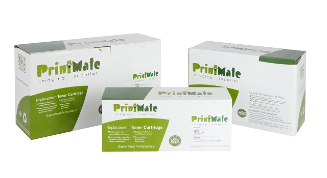 Three white boxes of PrintMate remanufactured toner cartridges, labeled in green and black, featuring "High Capacity" and "Yellow 9500p" details prominently displayed.