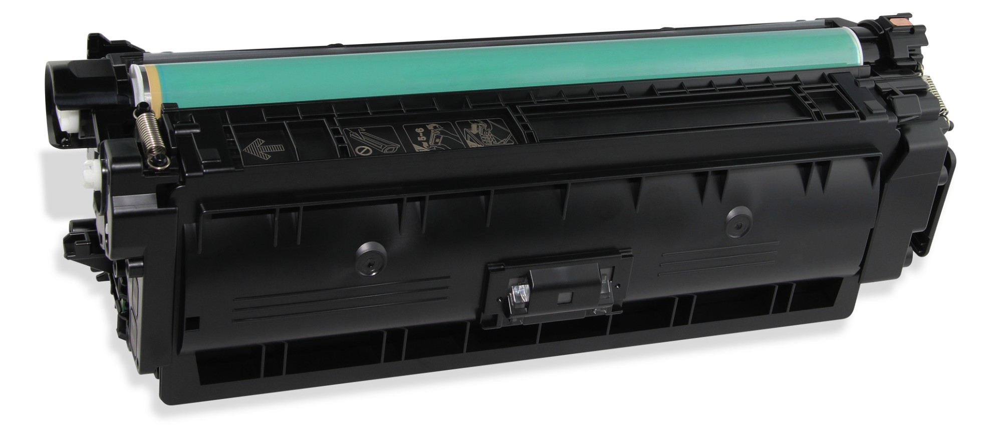 Remanufactured black toner cartridge with a green imaging drum, featuring a sturdy black plastic casing and clear labeling for installation instructions.