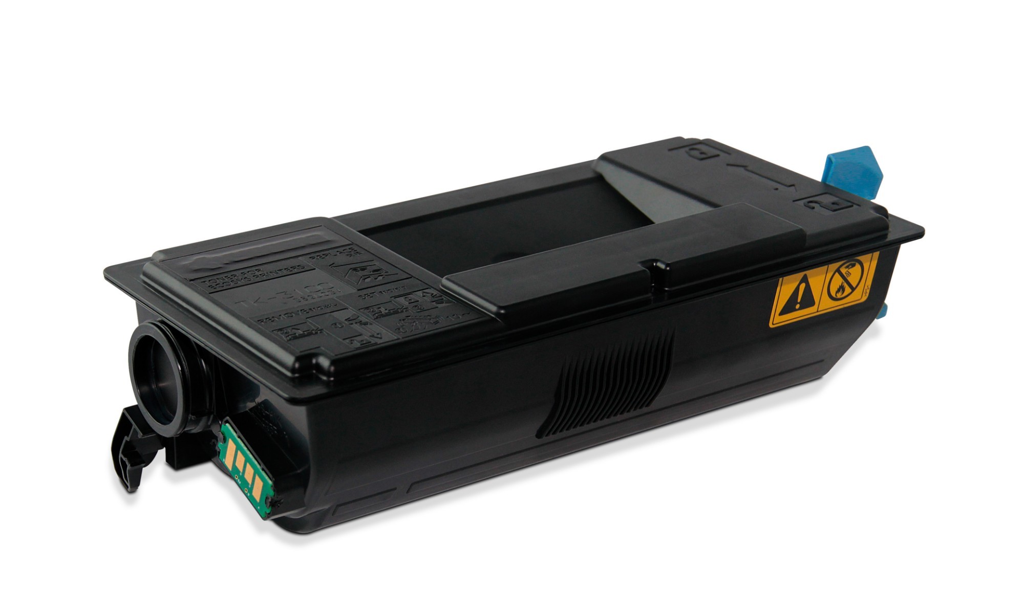 Remanufactured black toner cartridge for KYOCERA, model TK-3160, featuring a blue plastic tab and caution label, designed for up to 12,500 pages.