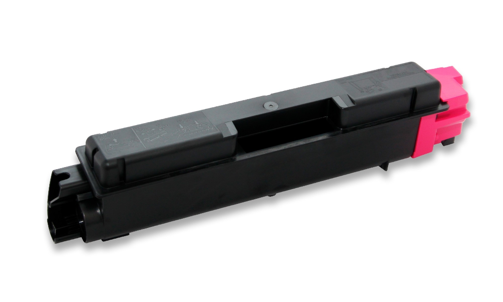 Remanufactured magenta toner cartridge by PRINTMATE, model KYOCERA TK-5140 M, featuring a black body with a bright pink end and designed for 5000 pages.