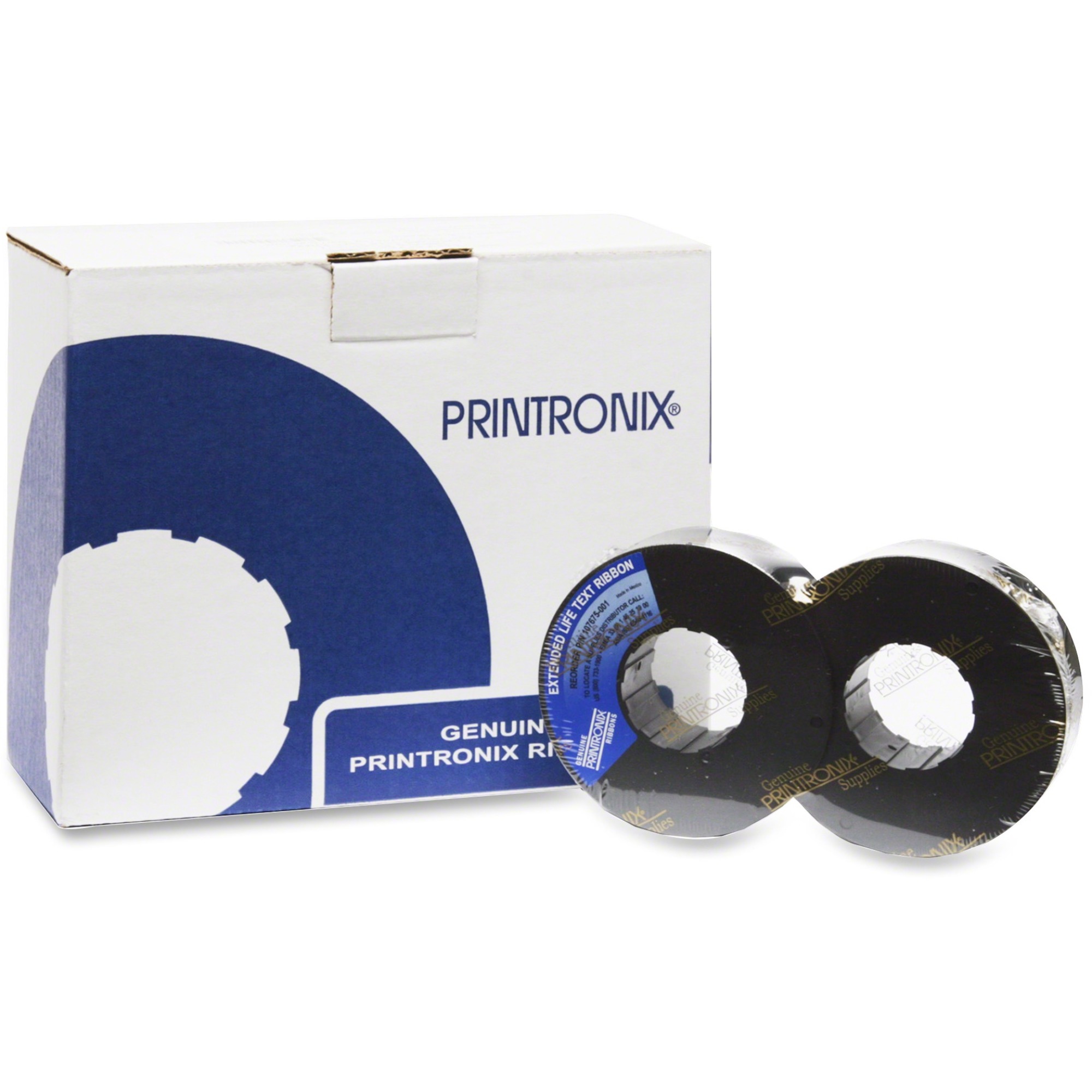 Black nylon ribbon spools in a box, featuring two spools with a glossy finish, designed for Printronix printers, providing 27,000 characters each, with a total of six in the pack.