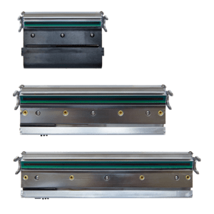 Three printer head assemblies in varying sizes, featuring a metallic silver finish with green and black accents, designed for Printronix printers.