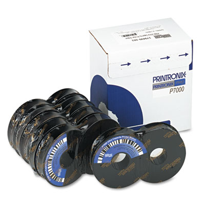 Black twin spool ribbons packaged in a white box with blue accents, featuring multiple spools stacked together, designed for Printronix printers.