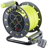 Black and yellow 25M open cable reel with four 13A sockets, ergonomic handle, and sturdy frame.