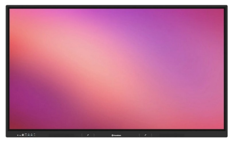 Promethean APLE-86-EU-1 interactive flat panel display features a sleek black frame, a vibrant 190.5 cm screen with a gradient background, and touch-sensitive controls at the bottom.