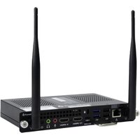 Promethean OPS-M4 mini PC with dual antennas, black casing, multiple ports including HDMI, USB, and Ethernet.