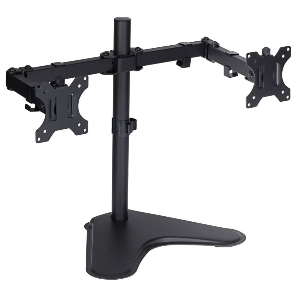 Black dual swing arm monitor mount for 19''-32'' screens, featuring a sturdy free-standing base and adjustable arms for optimal positioning.