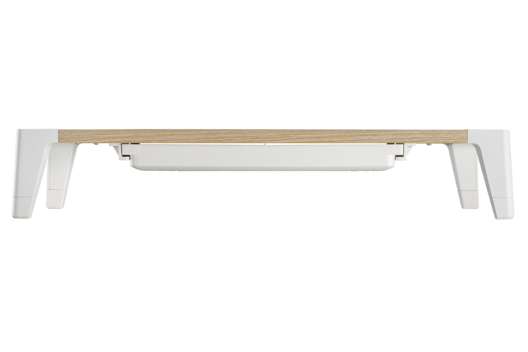 ProperAV Monitor Riser Laptop Stand features a white frame with a wood-colored top, designed with a convenient drawer underneath for storage.