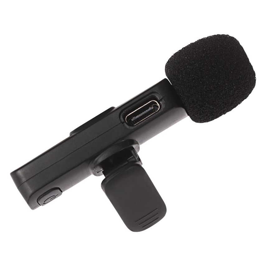 Prosound wireless microphone in black with a foam windscreen, featuring a USB-C port for smartphones and a clip for easy attachment.