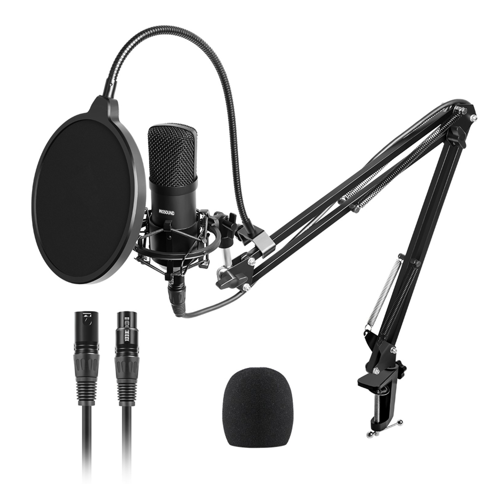 Prosound XLR professional microphone with a black boom arm kit, featuring a pop filter, foam windscreen, and XLR cables, all in a sleek, modern design.