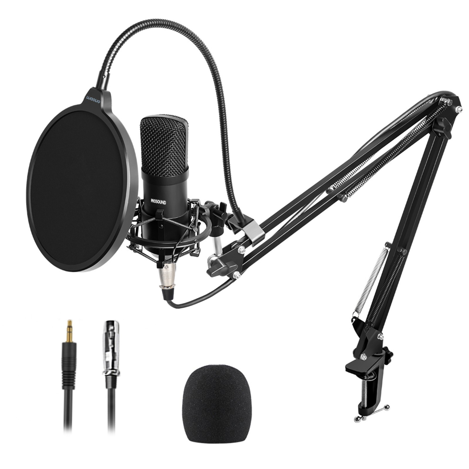 Black Prosound XLR to 3.5mm microphone mounted on a flexible boom arm, accompanied by a round pop filter, a foam windscreen, and a coiled cable.