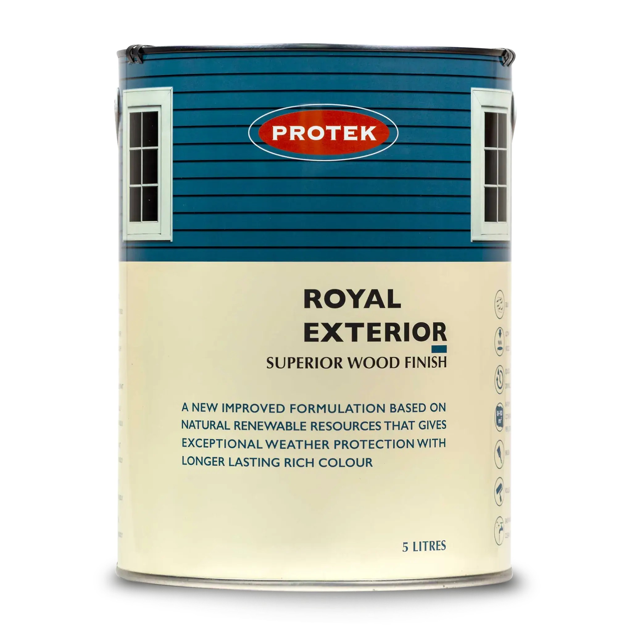 Protek Royal Exterior Paint in Stone Grey, 125ml, features a sleek metal can with a blue label and white text, designed for superior wood protection and weather resistance.