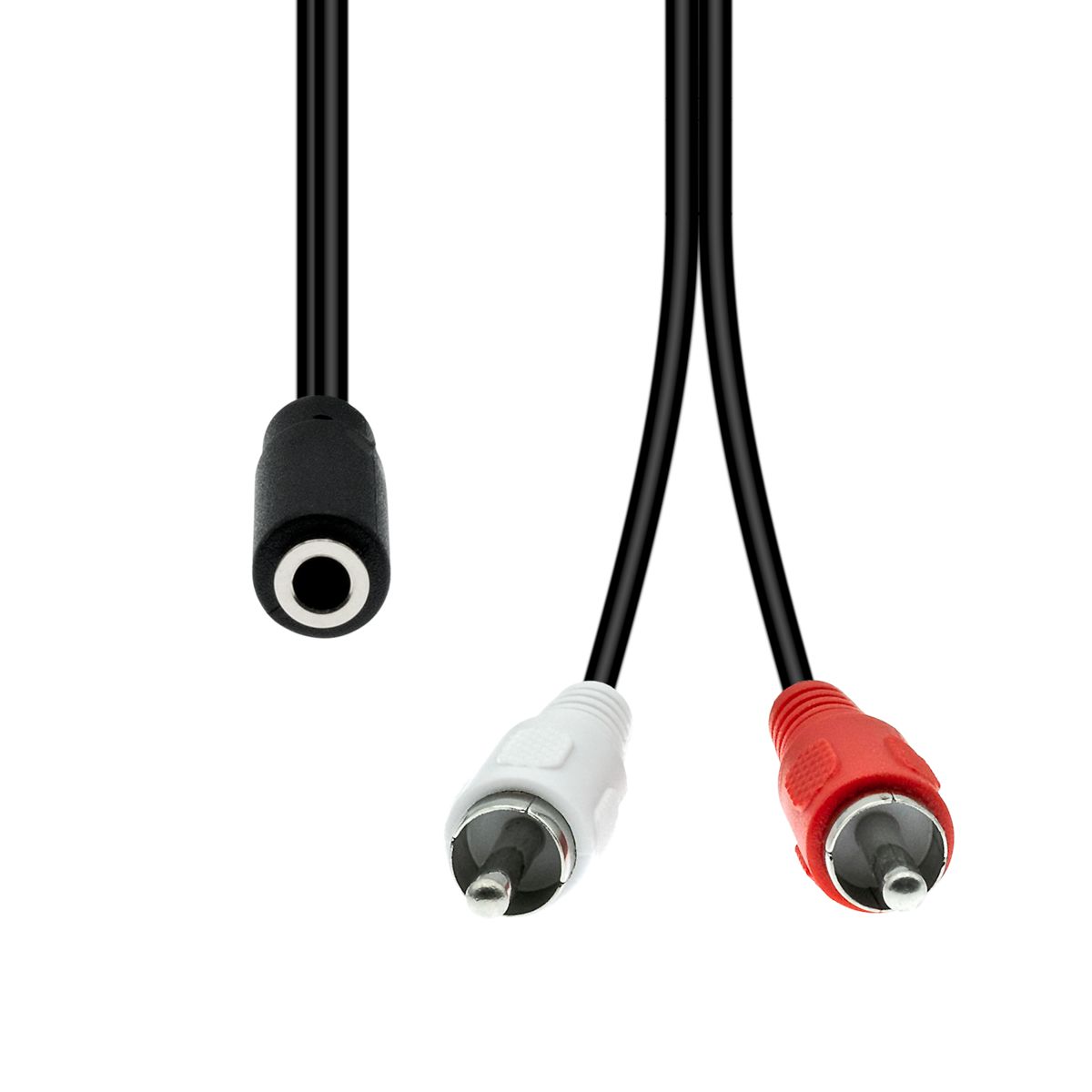 Black 3-pin audio extension cable with a female connector on one end and red and white male RCA connectors on the other, designed for audio connections.