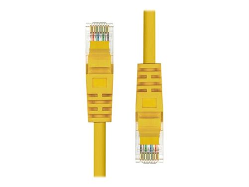Yellow 15M CAT5e U/UTP CCA PVC Ethernet cable with clear plastic connectors, featuring eight color-coded wires visible through the connector ends.