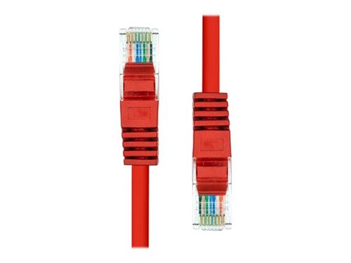 Red ProXtend CAT5e U/UTP CU PVC Ethernet cable, 1 meter long, featuring clear connectors with eight color-coded wires visible inside.