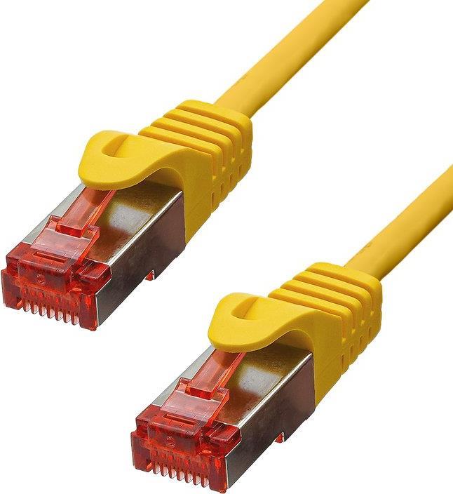 Yellow 15m ProXtend CAT6 F/UTP CU LSZH Ethernet cable featuring clear connectors with red clips, designed for high-speed data transmission.