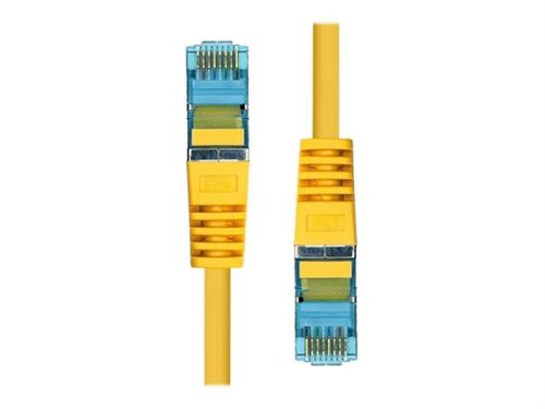 Bright yellow ProXtend CAT6A S/FTP CU LSZH Ethernet cable, 75CM long, featuring blue connectors with gold pins for enhanced connectivity.