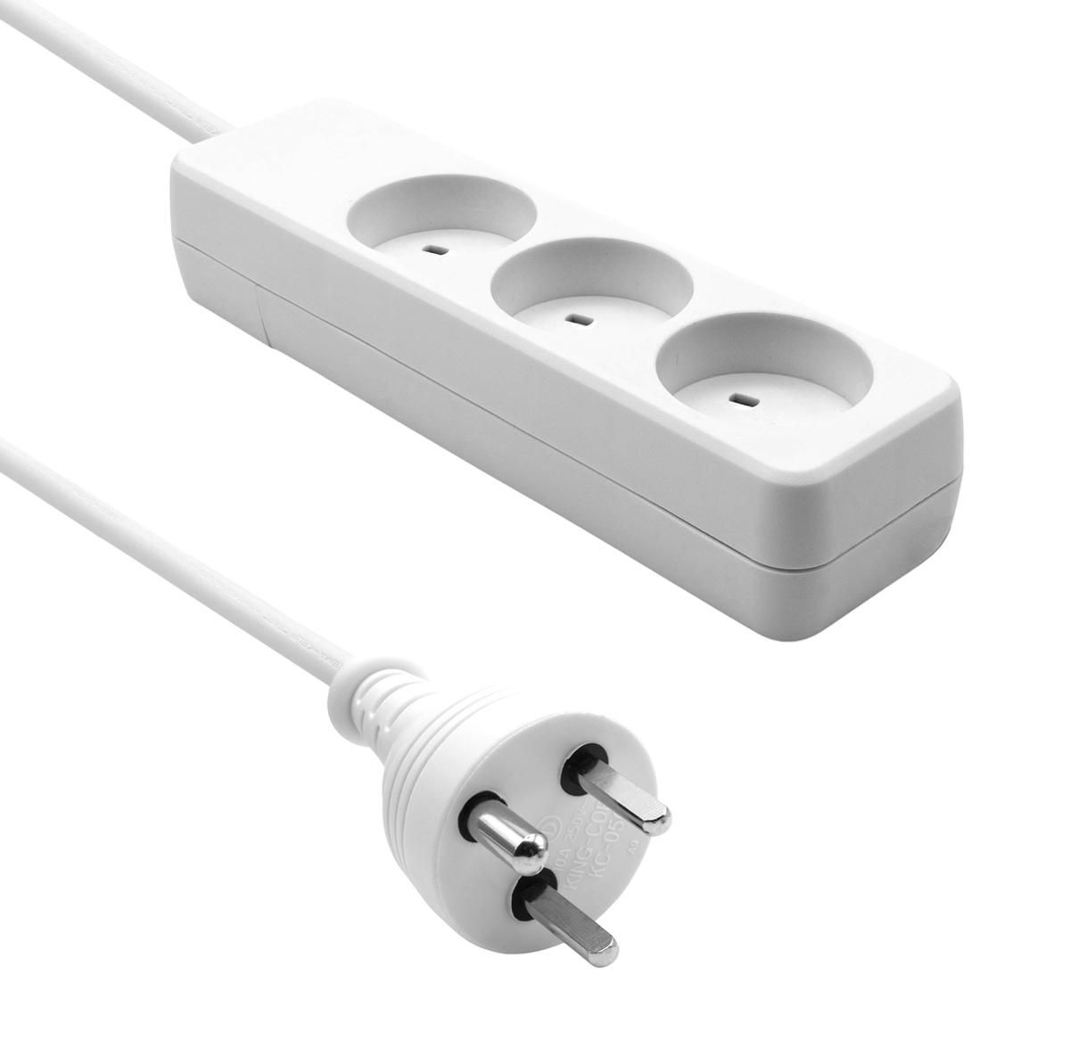 White three-socket power strip with a flexible cord and a standard plug, featuring a sleek, minimalist design suitable for various electrical devices.