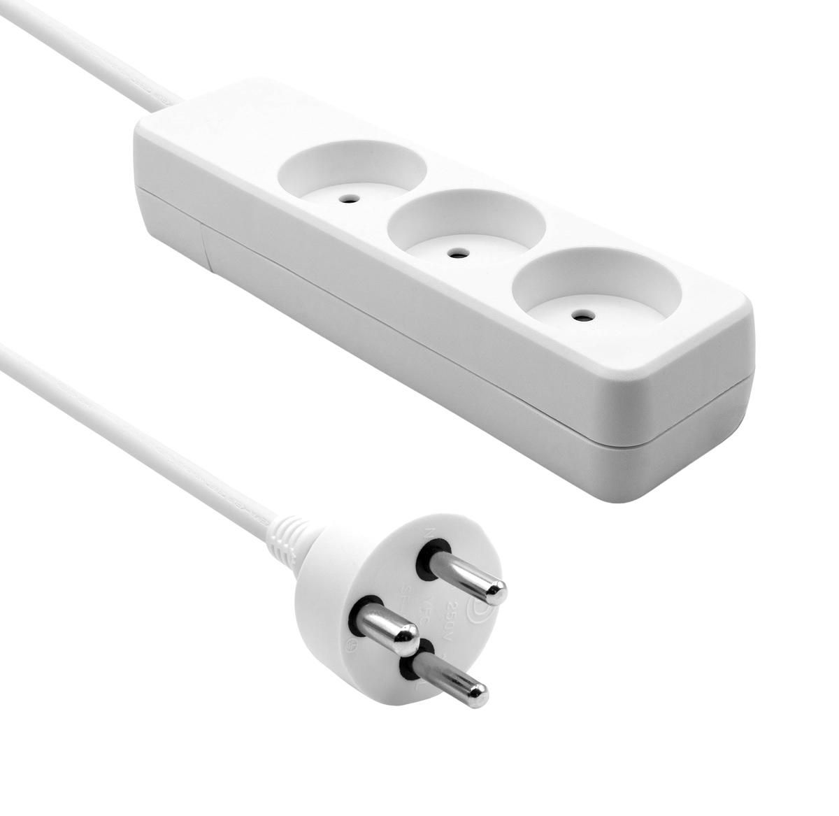 White plastic power strip with three outlets, a 4-meter cord, and a standard plug, designed for Danish electrical sockets.