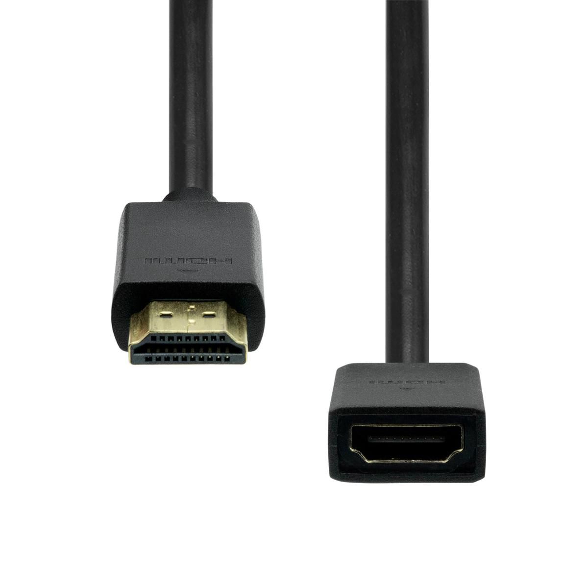 Black HDMI 2.0 extension cable, 0.5 meters long, featuring a male connector on one end and a female connector on the other, designed for high-definition audio and video transmission.