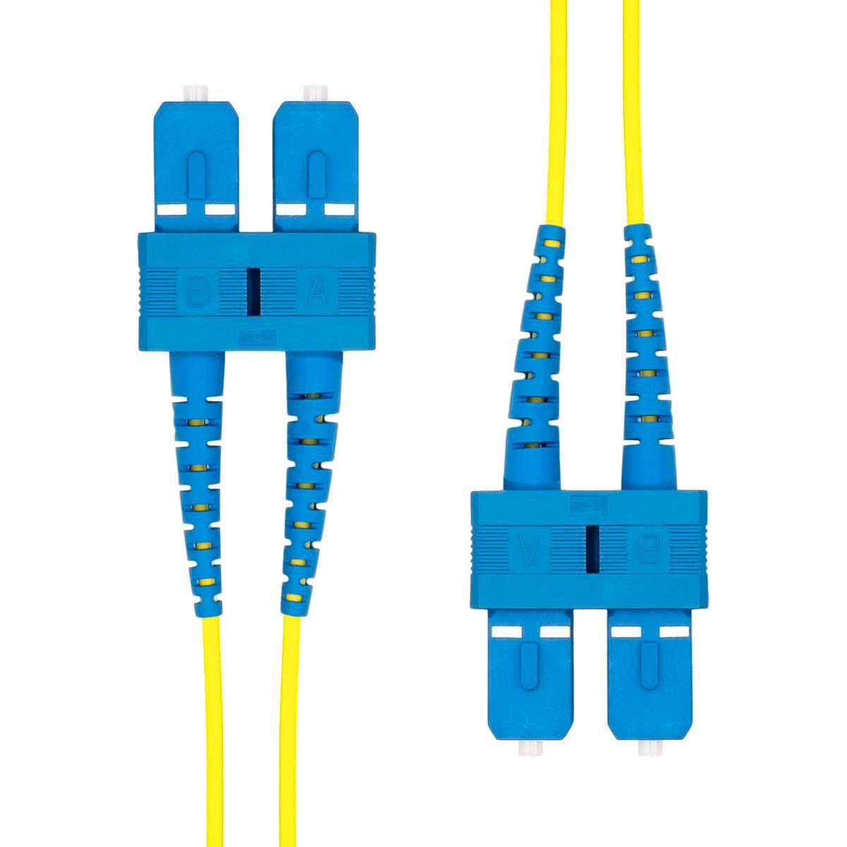 Blue SC-SC UPC connectors with yellow duplex single-mode fiber cables, featuring flexible strain relief and a compact design for efficient connectivity.