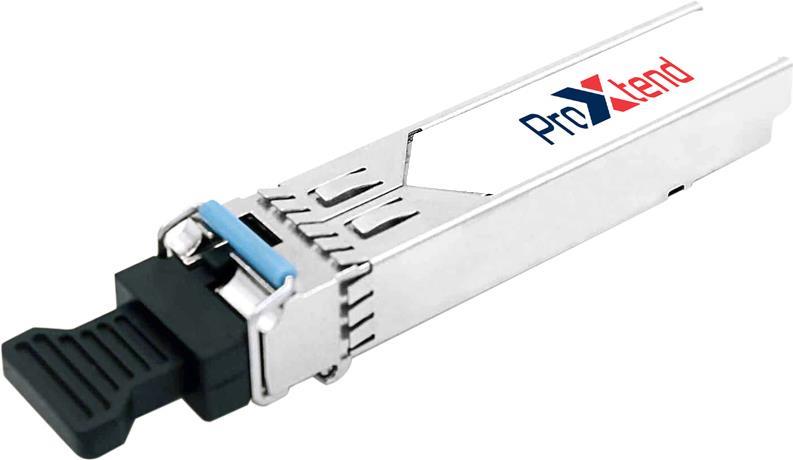 ProXtend SFP BX-D LC transceiver in silver metal casing with a blue latch, designed for bidirectional 80KM Gigabit Ethernet at 1.25Gb/s.
