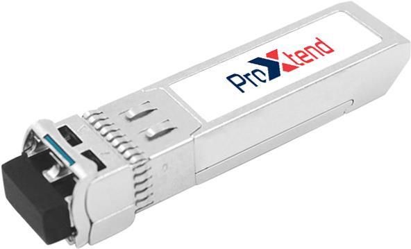 ProXtend SFP FX LC transceiver in silver metal casing, featuring a black connector end, designed for 2KM Fast Ethernet at 155Mb/s.