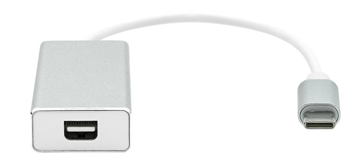 Silver mini display port adapter with a short white cable, featuring a rectangular body and a USB-C connector on one end.