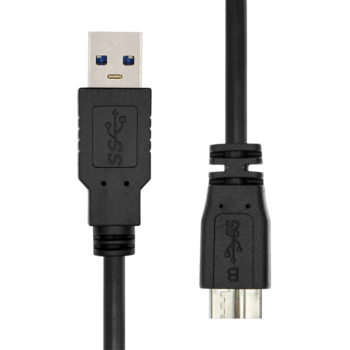 Black ProXtend USB-A 3.2 Gen 1 to Micro B cable, 0.5 meters long, featuring a sturdy plastic connector with blue and black detailing on both ends.