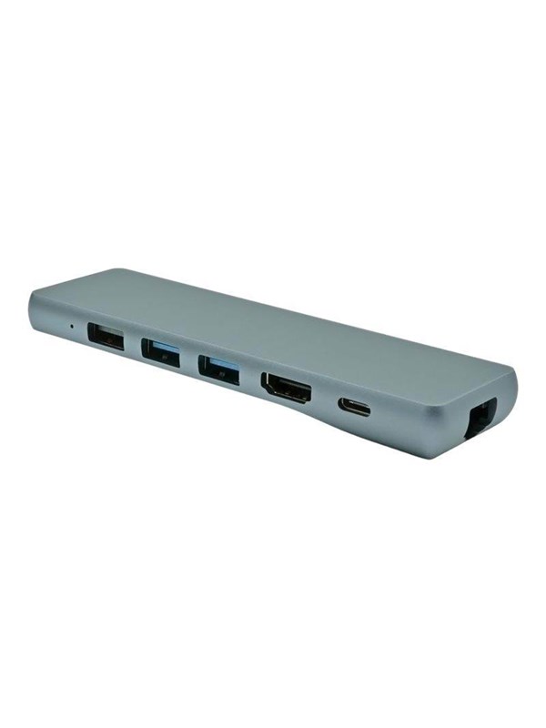 Sleek silver laptop dock with multiple ports, including USB 3.2 Gen 1, HDMI, and USB-C, featuring a smooth, metallic finish and compact design for easy connectivity.