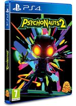 Psychonauts 2: Motherlobe Edition for PlayStation 4 features a vibrant cover with a stylized character and colorful splashes against a dark background, showcasing bold graphics and bright orange accents.