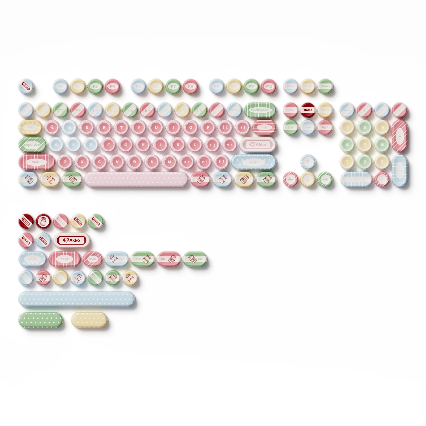 Colorful 131-key PBT keycap set featuring cute bottle cap designs in pastel pink, green, and blue, with dye-sublimated graphics suitable for various mechanical keyboard layouts.